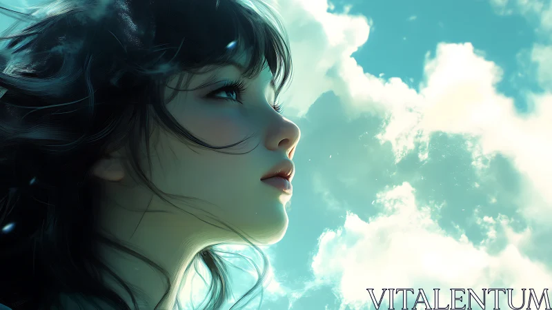 Girl profile rendered against bright clouds in blue sky