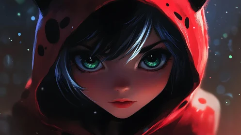 Girl in red hood with intense green eyes at night.