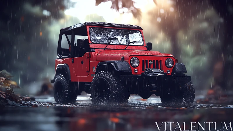 Crimson trail crawler grins through a silver jungle downpour