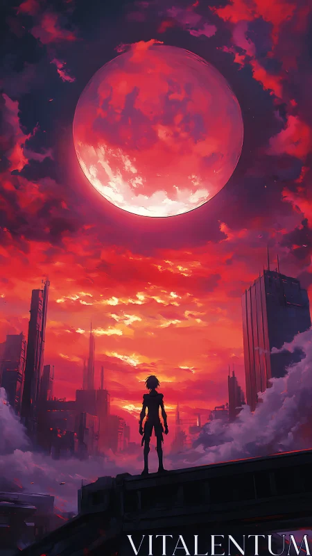 Solitary silhouette greets a colossal crimson sky-moon