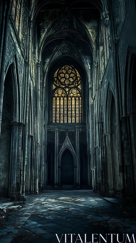 Gothic nave interior renders decayed cathedral with stained glass