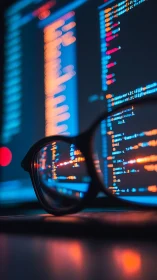 Close-up spectacle reflection on RGB backlit source code display