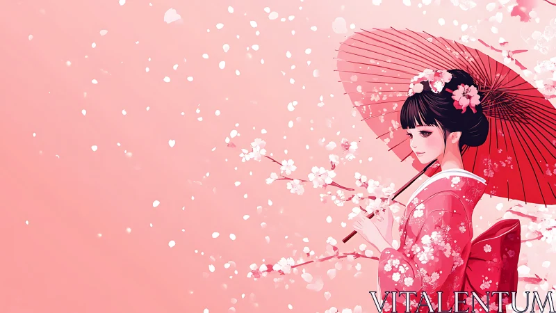 Japanese woman in kimono with umbrella and cherry blossoms.