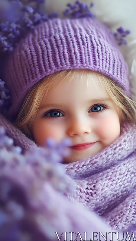 Child in purple knit hat and lavender scarf with flowers