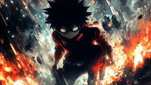 Fierce anime hero steps from swirling fire and smoke with grit