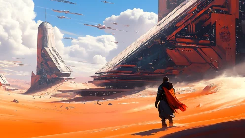 Lone wanderer approaching colossal desert starport.