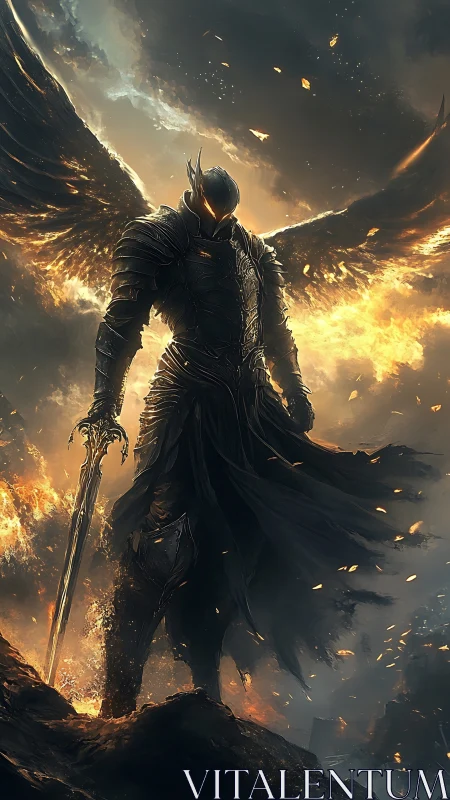 Armored dark angel warrior amid infernal storm of fire.
