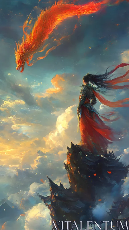 Warrior on jagged peak facing blazing celestial dragon.