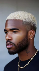 Profile portrait of man with platinum curls in soft focus