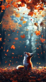 Fox beneath drifting autumn leaves in glowing forestscape.