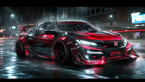 Honda street racer with neon-lit widebody in rainy city.