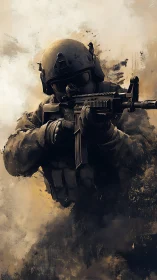 Dustborn marksman emerges from swirling battlefield haze.