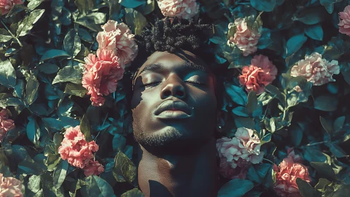 Portrait of serene man lying in lush floral garden dreamscape.