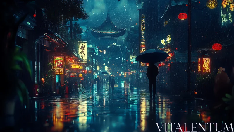 Silhouette under umbrella walks through neon city street