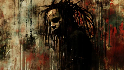 Distorted masked figure in grunge abstract horror palette.