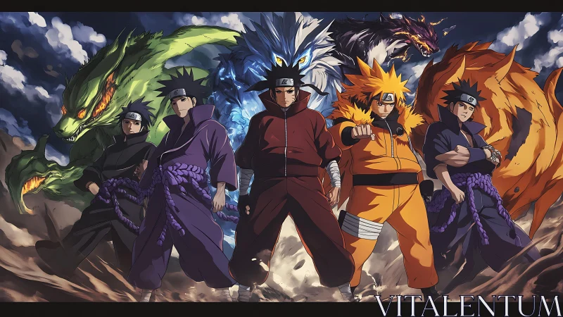 Powerful anime ninjas standing with giant spirit beasts.