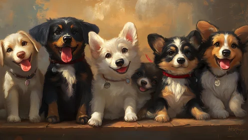 Joyful puppy lineup sharing wide smiles and bright eyes.