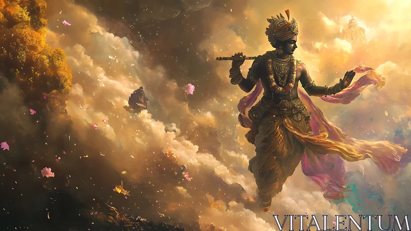 Ornate deity figure traverses sunlit clouds with dynamic volumetric lighting