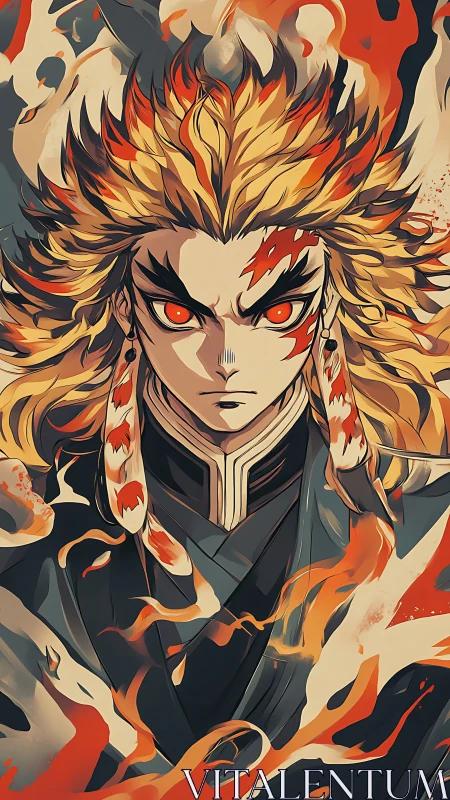 Blazing warrior gaze crowned in wildfire hair and embers.
