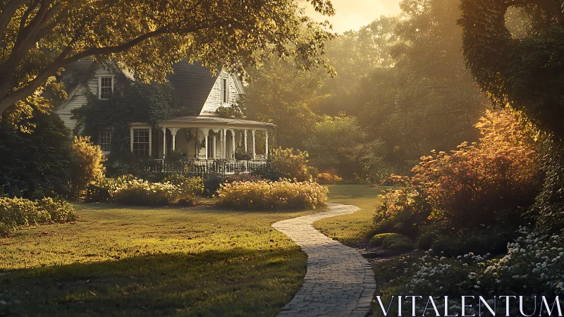 Country house with garden path in soft evening light.