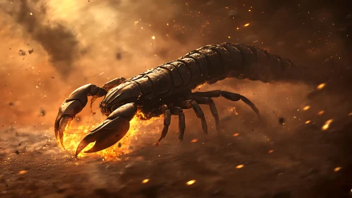 Armored scorpion charges through blazing embers in desert fury