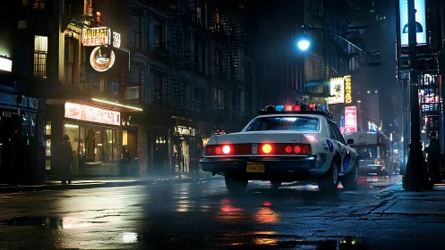 Rain-soaked neon avenue with 1970s police cruiser under cinematic haze