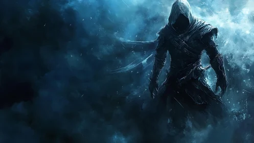 Hooded shadow assassin emerges through icy blue storm