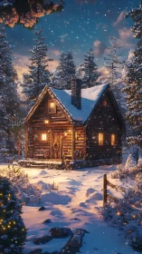 Cozy winter cabin glowing softly in a peaceful forest night.