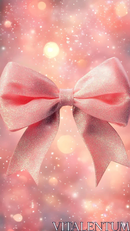 Iridescent pink ribbon bow with glitter bokeh illumination.