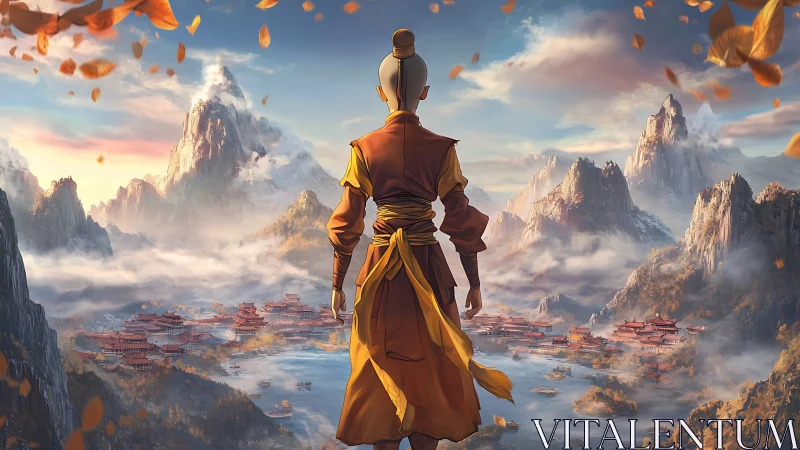 Young monk greeting a misty mountain valley at sunrise.