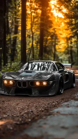 Low-slung BMW sports car powers through sunlit forest road