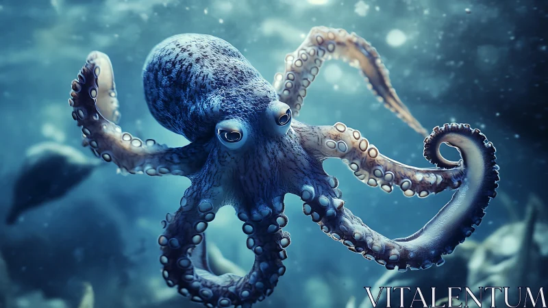 Curious blue octopus pirouettes through shimmering seafloor dreams.