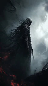 Mysterious hooded reaper watching over swirling shadows.