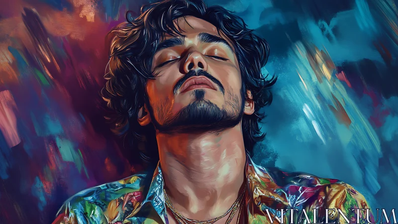 Vivid digital portrait of relaxed man in patterned shirt, bokeh light