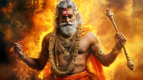 Powerful mythic sage in orange robes with fiery backdrop.