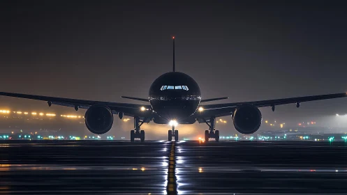 Widebody jetliner front view on wet runway at night, taxiing