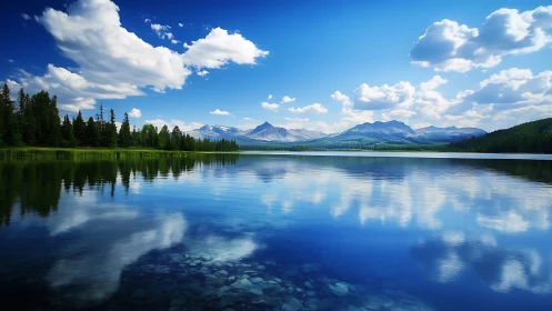 Mountain lake panorama with mirrored clouds and pine forest.