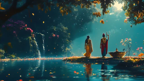 Divine figures by luminous forest waterfall in golden dusk.