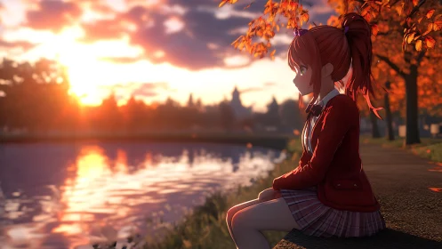 Thoughtful anime girl by a glowing autumn lakeside sunset.