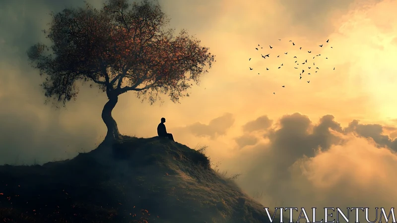 Solitary figure under lone tree on misty hill at sunset