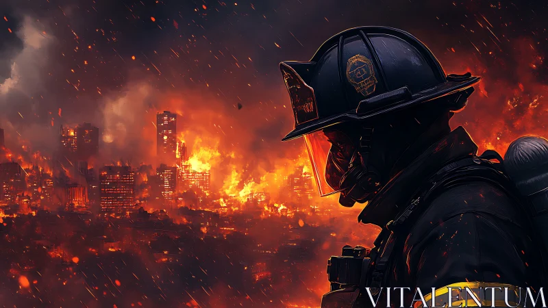 Firefighter Against Apocalyptic Inferno Cityscape.