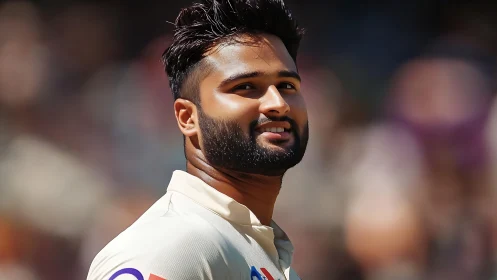 Cricketer in white jersey looking upward, stadium backdrop.