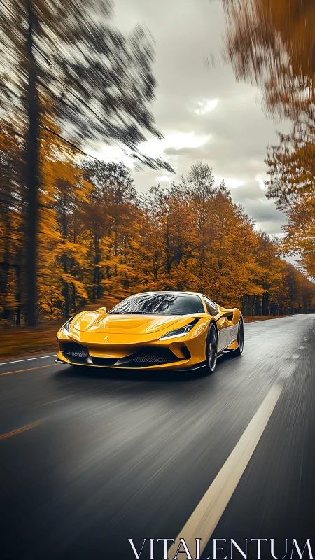 Yellow sports car on wet forest road in autumn weather.