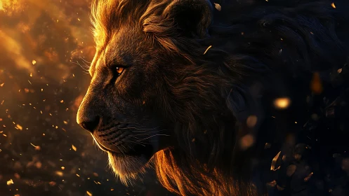 Lion profile burns through dusk embers and shadowed air.