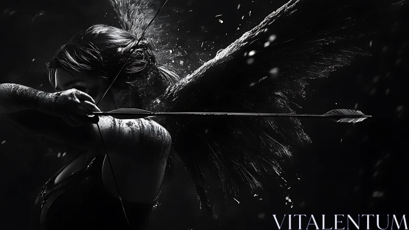 Midnight winged archer drawing a silver whisper of fate.