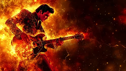 Starlit firestorm guitarist shredding in molten nebula glow.