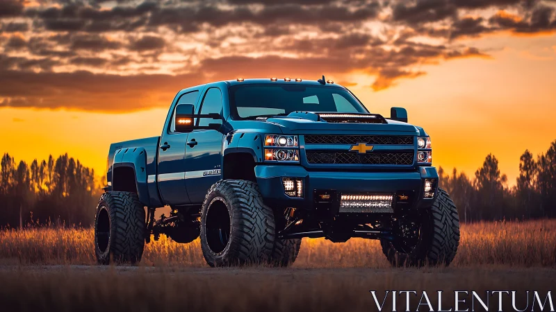 Lifted blue pickup truck under vivid prairie sunset.