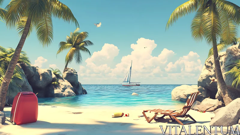 Tropical beach cove with sailboat and vacation gear