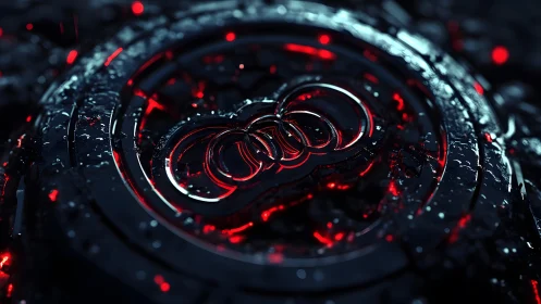 Futuristic Audi Logo in Dark Wet Environment with Red Neon Glow.