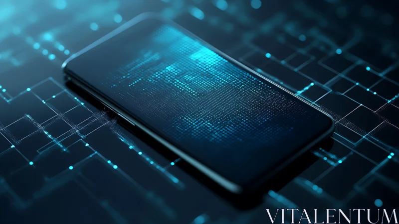 Futuristic smartphone glows with flowing digital data patterns.